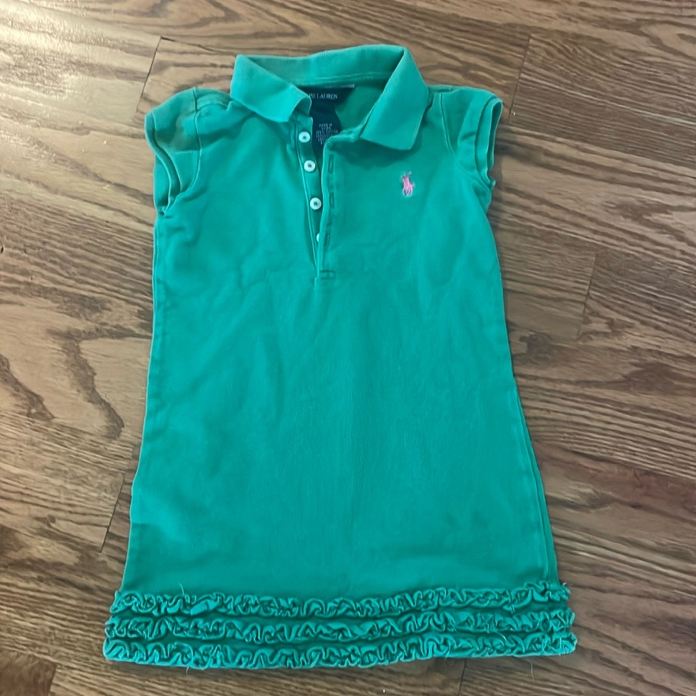 Ralph Lauren Girls Green Polo Ruffle Hem Dress with Pink Pony
